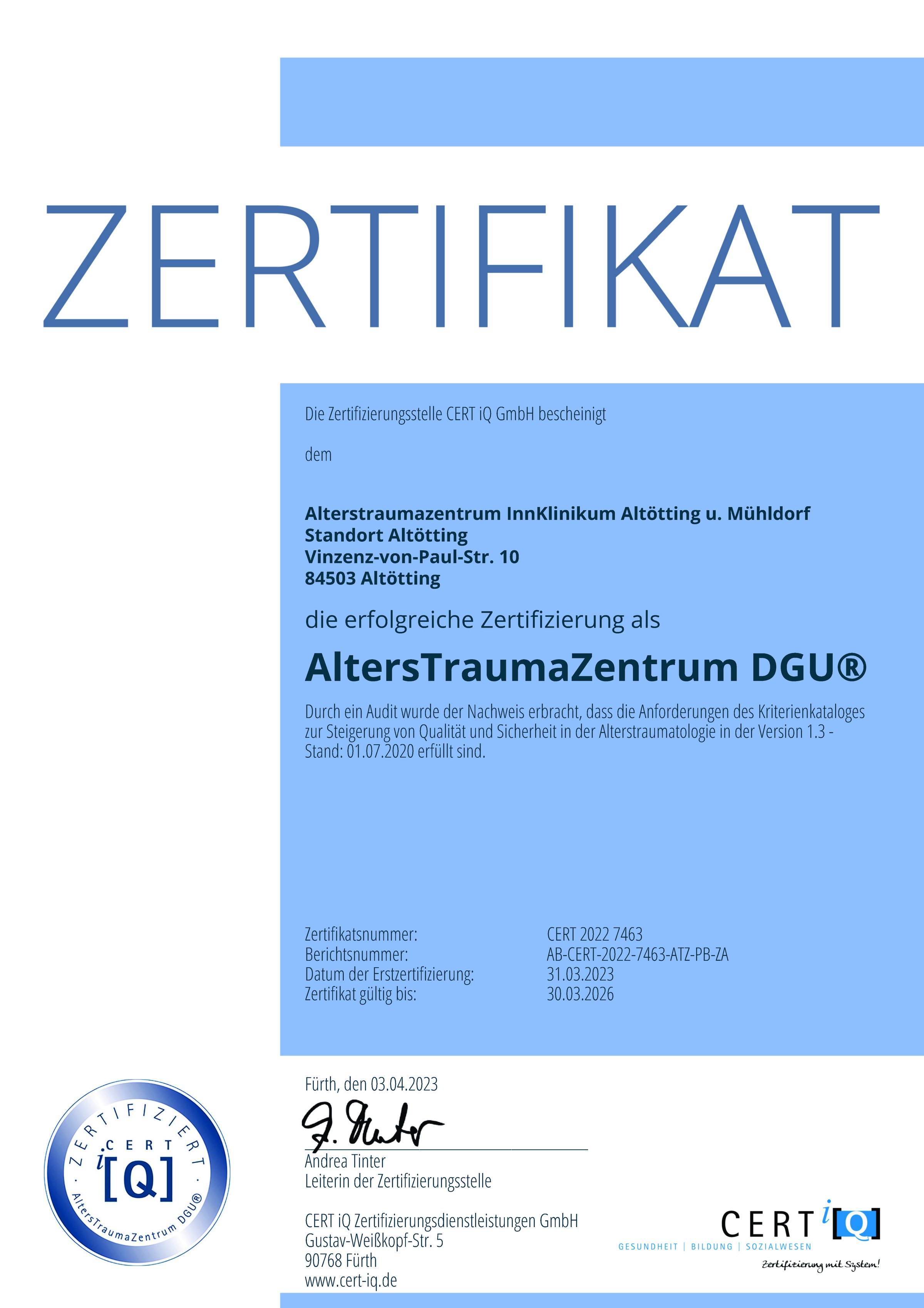 Zertifikat Alterstraumazentrum InnKlinikum Altötting