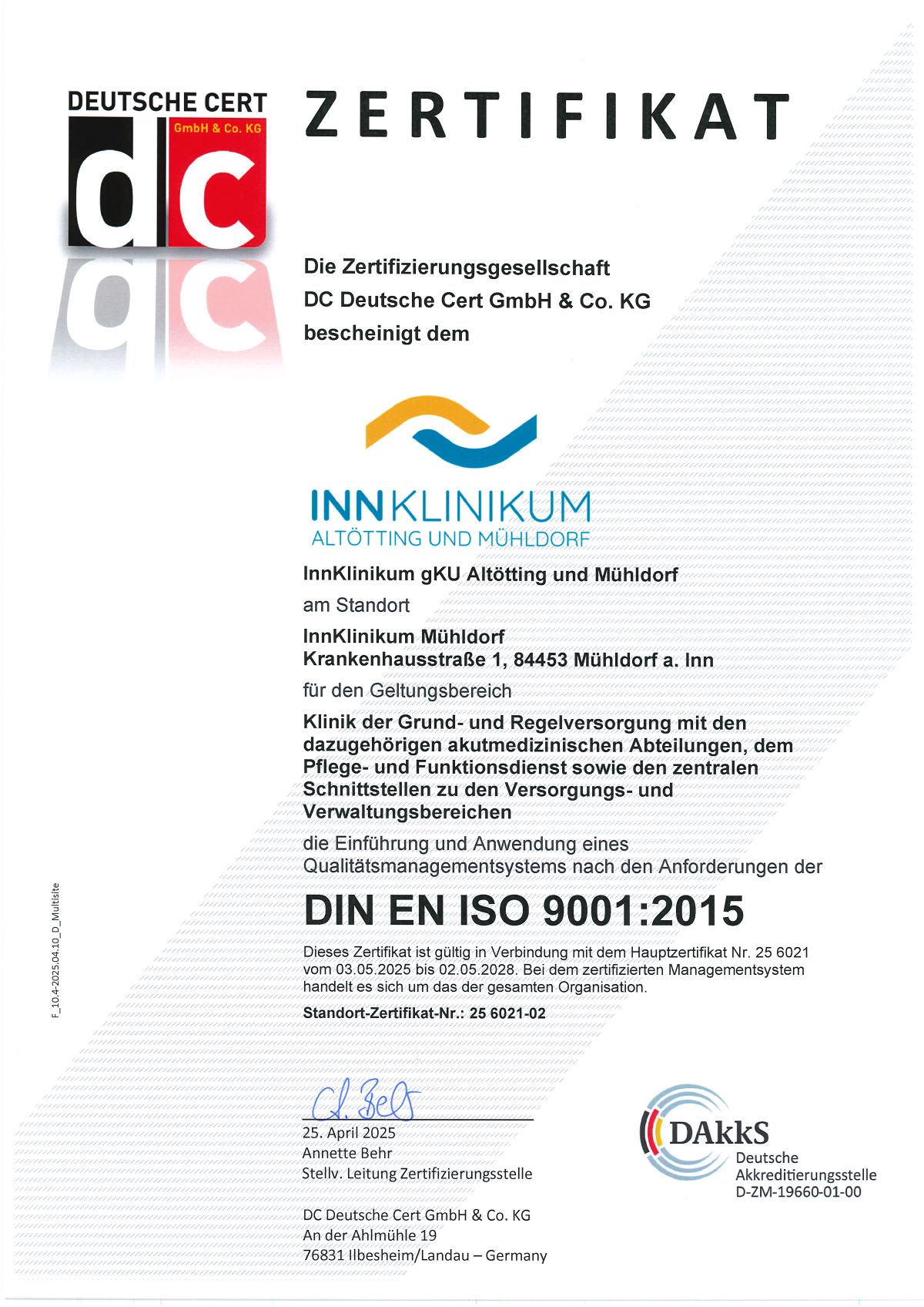 Deutsche Cert - Standortzertifikat  InnKlinikum Mühldorf